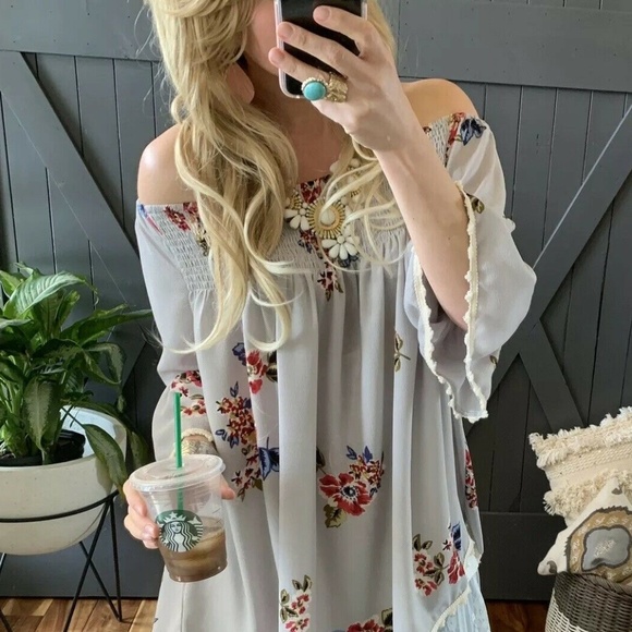 Figleaffashion Tops - Boutique Grey Floral Off the Shoulder Tunic Blouse